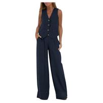 WoMan's Spring and Summer Cotton Linen Wide Leg Suit Set Sleeveless Vest Long Pants Outfit for Office XXL tamsiai mėlyna spalva