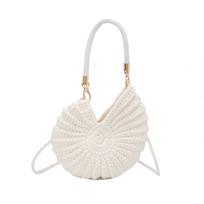 Summer Vacati Essential Handmade Crochet Half-Mo Tote Bag Woven Straw Shoulder Purse with Pearl Chain for Beach & Daily Use balta