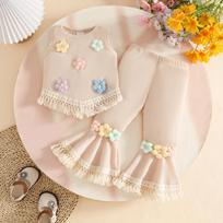 Girls' 3D Flower Crochet Vest & Flare Pants Set 3 years beveik baltos spalvos