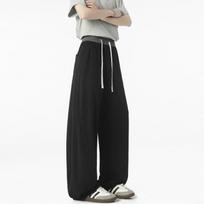Men Contrast Color Waistband Drawstring Wide Leg Loose Casual Sweat Pants S juoda