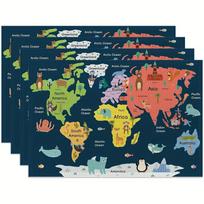 4pcs Linen Placemats, World Map Kids Edition Colorful Design, Suitable for Kitchen Dining Room Decor, Family Gathering Dinner Table Decoration, Hotel 4PCS