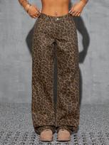 European Style Leopard Print High Waist Wide-Leg Denim Pants for Women Extra Large leopardas