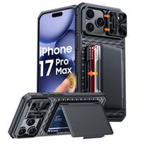 RFID blokavimo piniginės dėklas su kortelių laikikliu, slankiojančiu kameros dangteliu, stoveliu, PC+TPU apsauginis dėklas iPhone 17 Pro Max - Oranžinė juoda