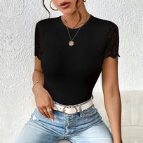 Slim Ribbed Lace Patchwork Bodysuit with Back Cutout Lace-up Design Medium juoda