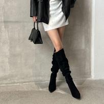Big tube women's boots Skinny pointed pile boots Apricot large size boots Thin heel high boots High heel knee boots 35 juoda