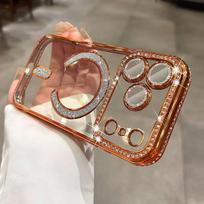 Luxury Girl's Bling Diamond Lens Film Glitter Soft Case for iPhone 17 Air 16 15 14 Plus 13 12 11 Pro Max Magsafe Magnetic Cover iPhone 13 Pro oranžinė