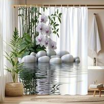 Zen orchidėjos ir bambuko rašto dušo užuolaida su baltais akmenukais - Atspindintis poliesterio audinys, komplekte 12 kabliukų, galima skalbti mašinoje 90x180cm
