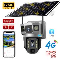 4G Solar PTZ Camera 6K 12MP Three Screens 10X Zoom Outdoor Waterproof CCTV Auto Tracking Night Vision Security Protection Cam 4G Camera No Card balta