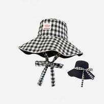 Korean Summer Plaid Bucket Cap Tie Strap Wide Brim Sunscreen Hat Two-sided Sweet Fisherman Caps Outdoor juoda