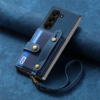 case for Samsung Z FOLD 7 6 5 4 3 insert the card protective case With Holder Kickstand Lanyard Shock Proof Anti-Fingerprint Galaxy Z Fold7 mėlyna