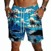 Men's Casual Hawaiian Print Drawstring Shorts, Lightweight Quick-Dry 5-Inch Inseam Beach Shorts for Summer Vacation L armijos žalia spalva