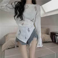 Pure Desire Style Hollow Out Hole Knit Base Layer Top Women's Spring Slim Long Sleeve Split Cardigan Top S balta