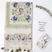 Mori Girl Cotton Linen Floral Vine Scarf with Handmade Tassels - Multifunctional Sun Protection Shawl 180x100 cm