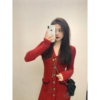 Red long-sleeved dress autumn dress new women's clothing early autumn temperament high-end skirt S raudona