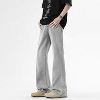 Micro-flare Washed Floor-length Jeans Solid Color Retro Hong Kong Style Loose Straight Pants Workwear Casual Pants Men's Trousers S šviesiai pilka spalva