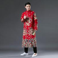 Winter new double-layer dragon pattern trench coat cotton and linen printed disc-buckled cardigan loose stand-up collar Chinese style coat M raudona