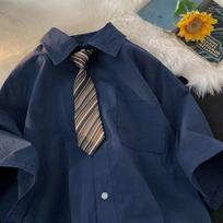 Summer Vintage Blouses Lady Urban Boys Tooling Short-sleeved Shirts Oversize Five-point Sleeve DK Uniform XS tamsiai mėlyna spalva