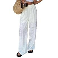 Women Pants Elastic High Waist Wide Leg Casual Trousers Pure Color Hollow Embroidery Casual Trousers with Liner Daily Wear M balta