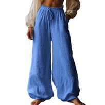 Women Pants High Waist Wide Leg Loose Fit Drawstring Elastic Waist Bohemian Style Long Trousers with Pockets Casual Summer Trousers S mėlyna