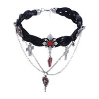 Punk Corss Halloween Skull Choker Skeleton Red Y2K Leather Necklace Gothic Imitation Pearl Tassel Beaded Necklace Unisex juoda