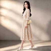 Ke Bei Er Elegant Lace Jacquard A-Line Midi Dress L
