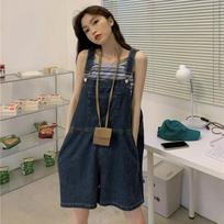 Women Jumpsuit Summer Casual Sleeveless Female Pocket Suspenders Short Denim Pants Playsuits Overalls XS tamsiai mėlyna spalva