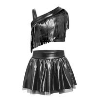 Girls Metallic Tassels Jazz Dance Outfit Asymmetrical Shoulder Crop Top Elastic Waist Shiny Tutu Skirt 5-6 Years juoda