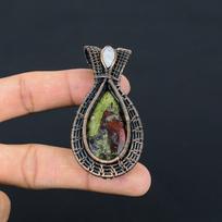 Dragon Blood Jasper & Moonstone 999 Copper Wire Wrapped Pendant, Handmade Gemstone Pendant Jewelry, Gifts For Wife Brand New Pendant 2.55 Inches
