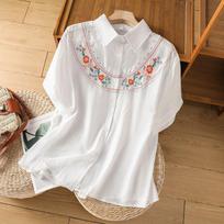 Women's Lime Green Short Sleeve Blouse Floral Embroidery Collar Loose Casual Linen Blend Shirt Onesize balta