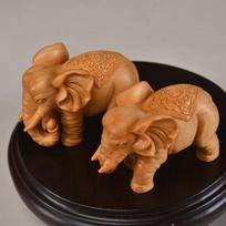 Solid wood carving Fortune, blessings Animal Elephant figurine decoration  Home Room Office Table decoration A pair S