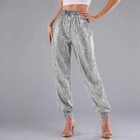 Women's Fashion Color Elastic Waist Pocket Shiny Pencil Pants Loose Leg Tight Casual Pants M sidabras