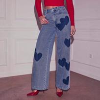 New Heart-shaped Printed Wide-leg Jeans, Retro Washed Loose Casual Denim Trousers for Women S mėlyna