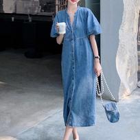 Vintage Hong Kong Style Denim Dress for Women Summer Thin Fabric High End Sense Loose Casual Straight Long Dress S mėlyna