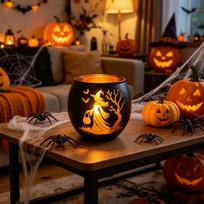 1Pc Halloween Witch Black And Gold Glass Candle Holder Featuring Spooky Silhouettes Of A Witch Bat And Trees Suitable For Home Dining Table 1Pc