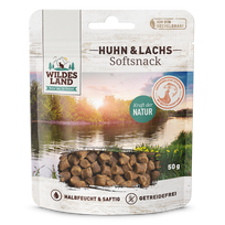 WILDES LAND Soft chicken&salmon pusiau drėgni skanėstai katėms su vištiena ir lašiša, 50 g
