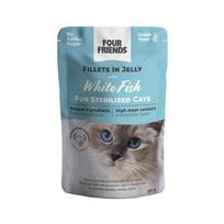 Four Friends Sterilized White Fish konservai katėms su baltos žuvies filė drebučiuose, 85 g