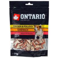Ontario Chicken Jerky Sandwich minkštas skanėstas suaugusiems šunims su vištienos ir menkės mėsa, 70 g