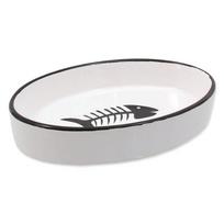 Magic Cat Ceramic cat bowl ovalus keraminis dubenėlis katėms su žuvies piešiniu, baltas, 16x11x3 cm