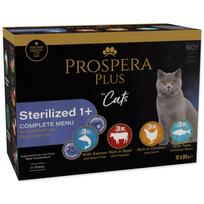 Prospera Plus Cat Pouch Sterilized 1+ Mix drėgnas maistas sterilizuotoms katėms su lašiša, jautiena, vištiena ir tunu, 12x 85 g