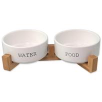 Dog Fantasy Ceramic Bowl Set S keraminių dubenėlių komplektas su bambukiniu stovu, baltos, 2 x 0,4 l