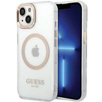 Guess Metal Outline MagSafe dėklas iPhone 15 Plus / 14 Plus – auksinis