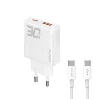 GaN Dudao A30EUT 30W USB-A / USB-C sieninis įkroviklis + USB-C - USB-C laidas - baltas