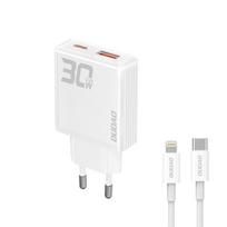 GaN Dudao A30EUL 30W USB-A / USB-C sieninis įkroviklis + USB-C - Lightning laidas - baltas