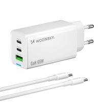 Wozinsky GaN 65W įkroviklis su USB-A 2xUSB-C jungtimis su 65W USB-C laidu - baltas