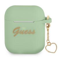 Guess silikoninis dėklas AirPods 1/2 – žalias, širdelės pakabukas