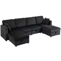 4 vietų U formos kampinė sofa su daiktadėžėmis ir otomanėmis, 306 cm, tamsiai pilka
