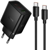 Telefono įkroviklis Hoco 2x USB C + USB A QC3.0 PD 3A 65W + duomenų kabelis USB C į USB C N75 juodas