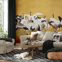 Artgeist Fototapetas - Japanese cranes - a flock of birds against a golden background based on a painting by Ishida Yūtei