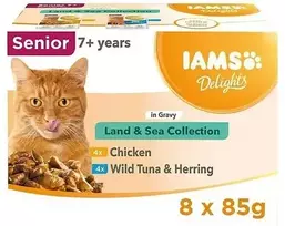 IAMS DELIGHTS Senior Land & Sea Collection dėžutėje – šlapias kačių ėdalas – 8 x 85 g