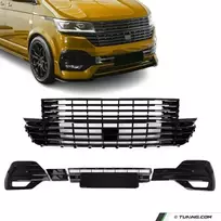 Priekinės Grotelės be ženkliuko + Apatinės Grotelės, komplektas skirtas VW T6.1 (19-24), juodos blizgios